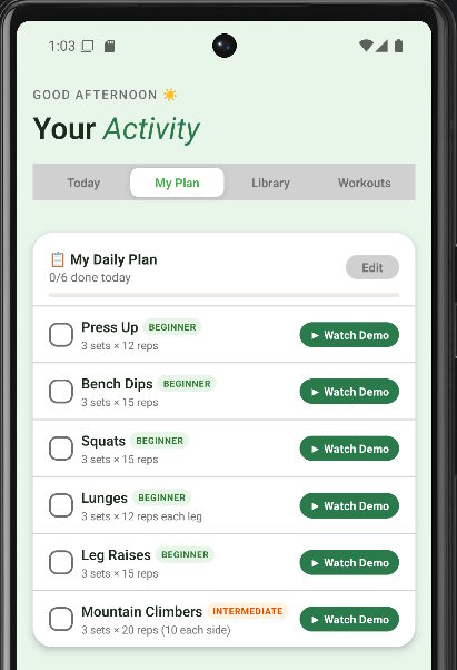 My Daily Plan and exercise logging
